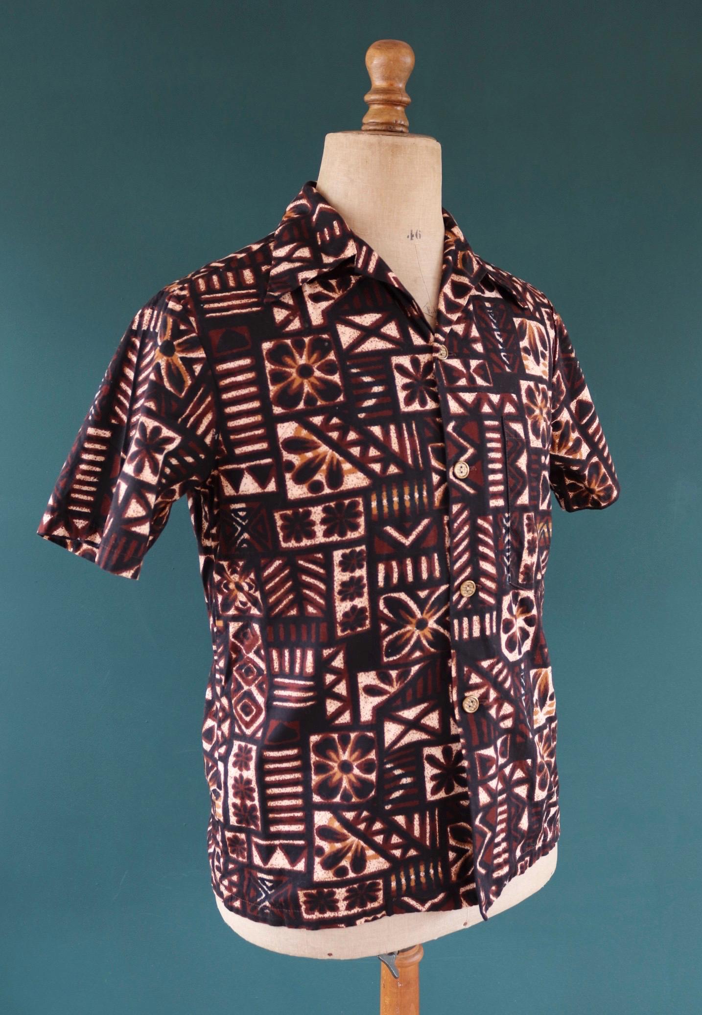 Vintage 1960s cotton Hawaiian shirt - tiki summer top - brown pattern - 42” chest
