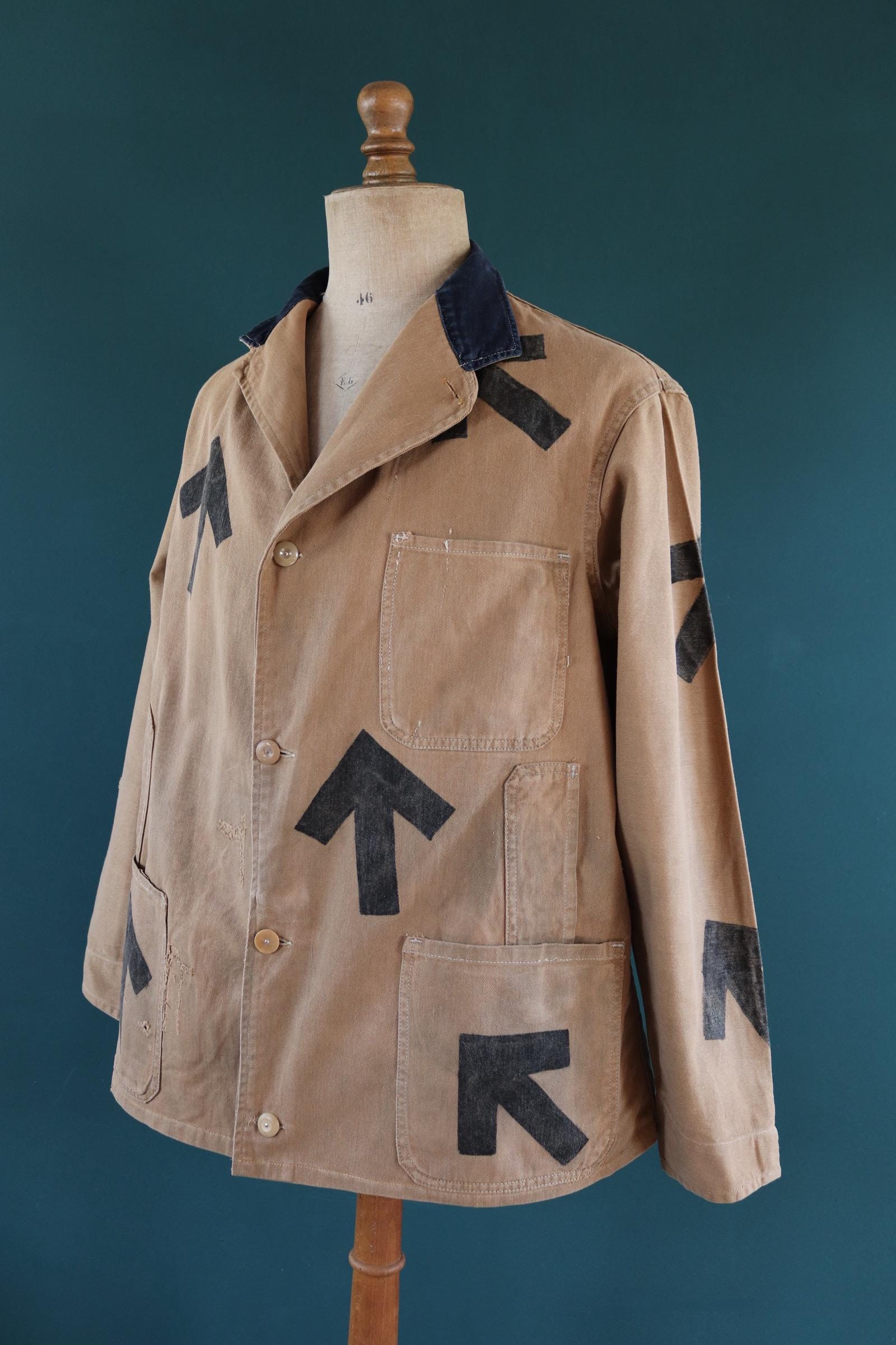 Vintage 1940s British workwear jacket - prison arrows - brown cotton twill - factory coat - shop overalls - 48” chest