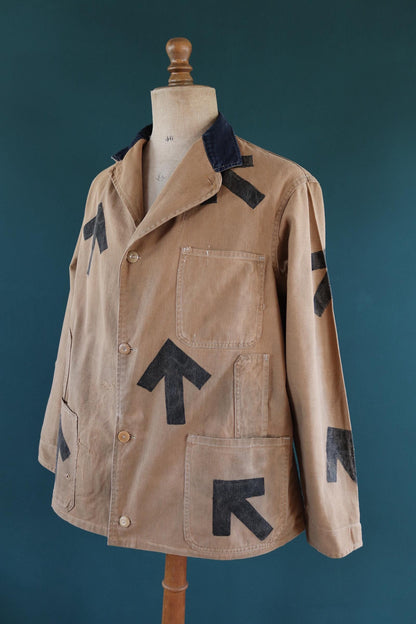 Vintage 1940s British workwear jacket - prison arrows - brown cotton twill - factory coat - shop overalls - 48” chest