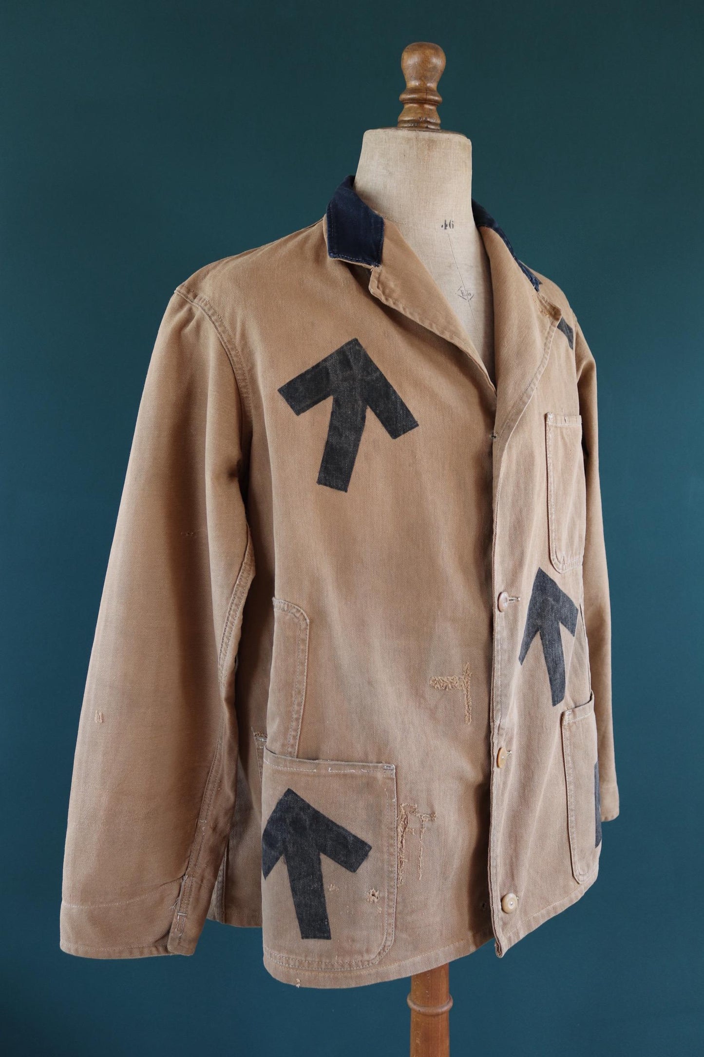 Vintage 1940s British workwear jacket - prison arrows - brown cotton twill - factory coat - shop overalls - 48” chest