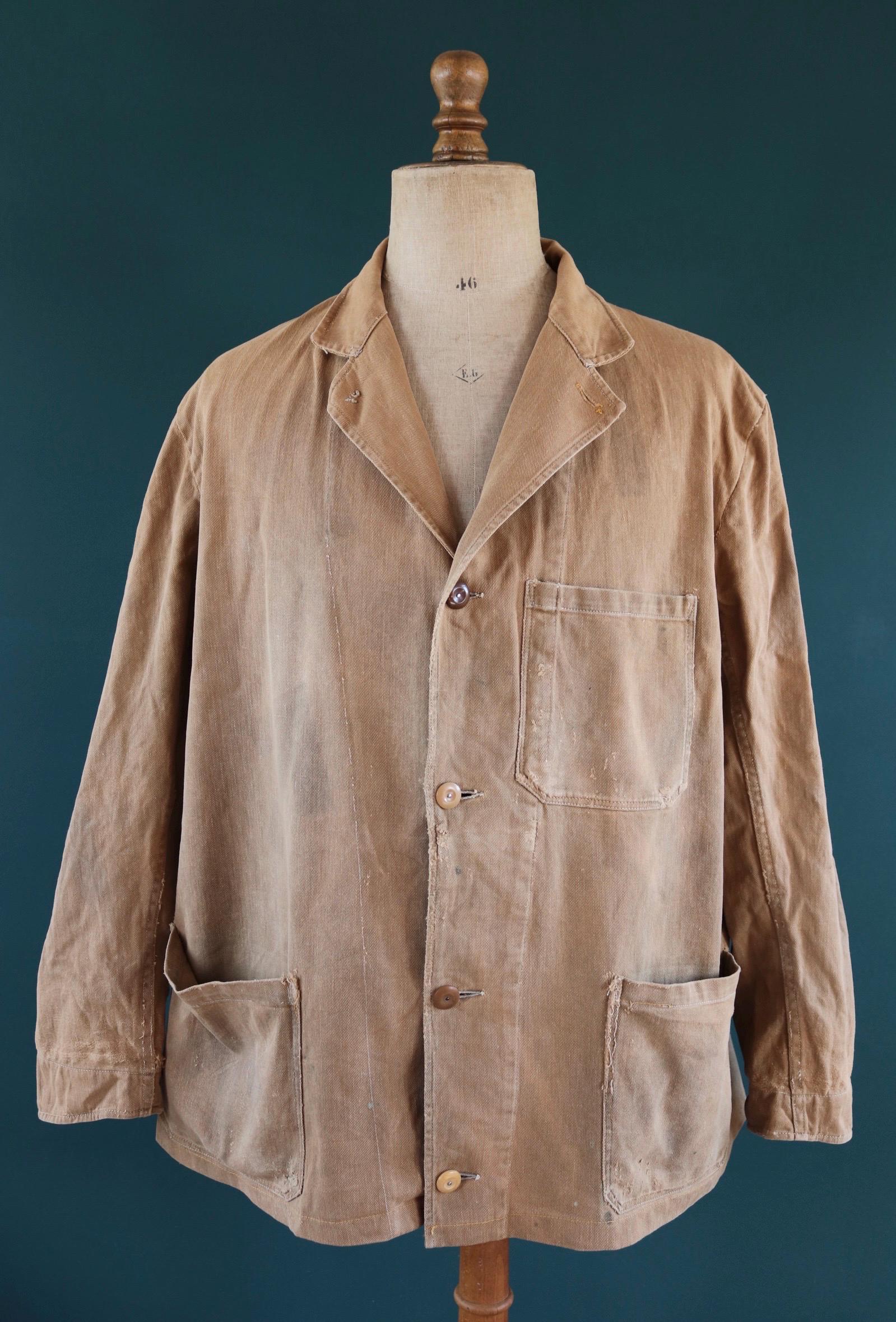 Vintage 1940s British workwear jacket - prison arrows - brown cotton twill - factory coat - shop overalls - 50” chest