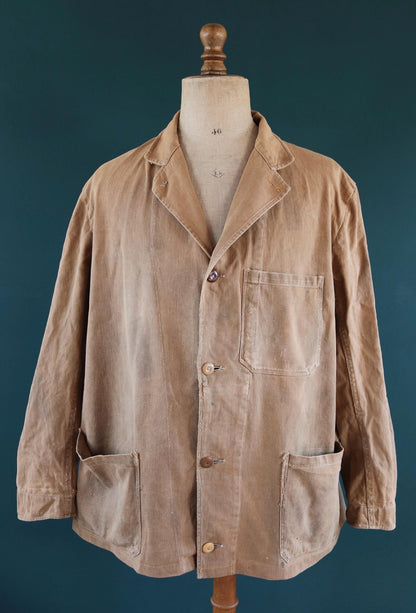 Vintage 1940s British workwear jacket - prison arrows - brown cotton twill - factory coat - shop overalls - 50” chest