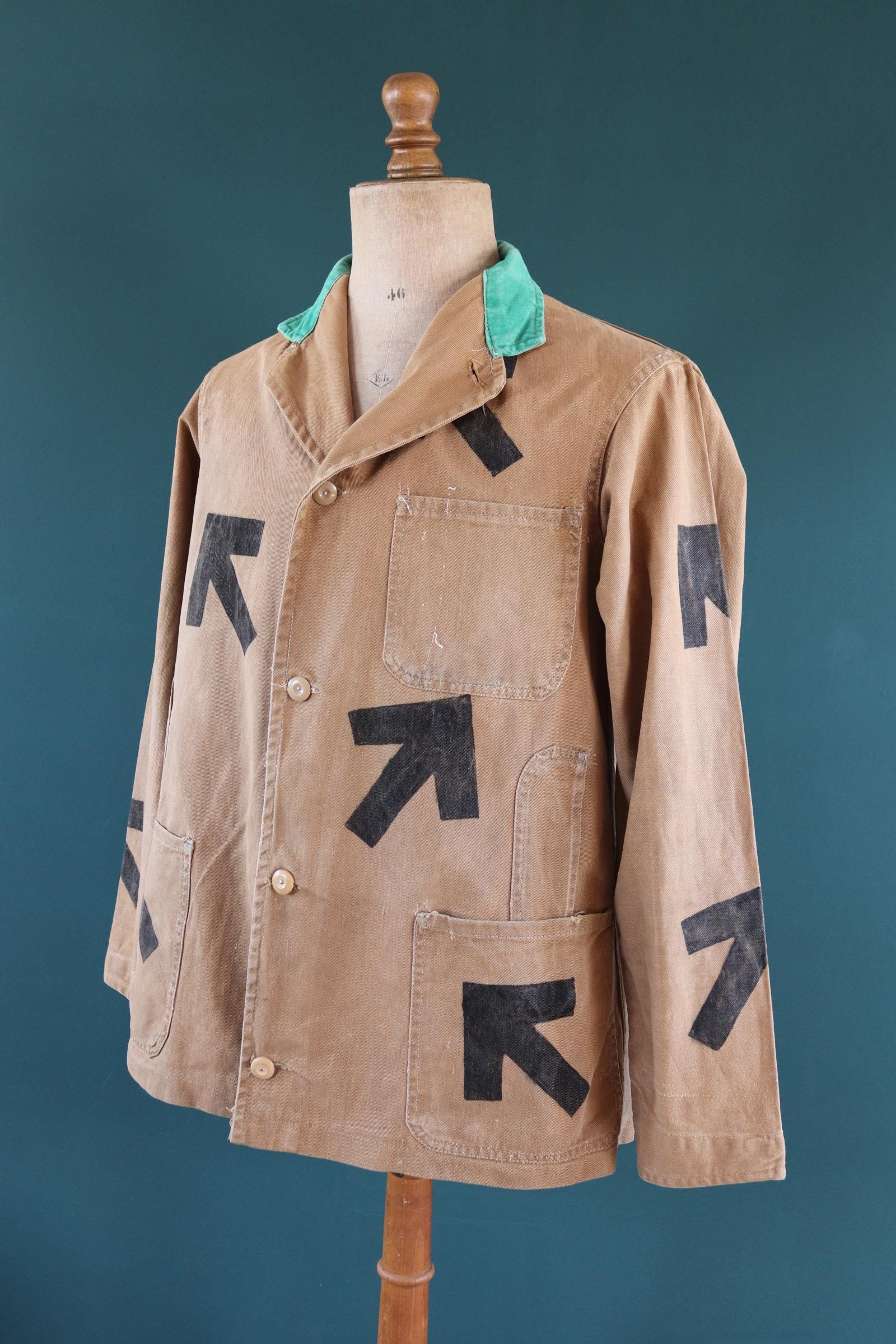 Vintage 1940s British workwear jacket - prison arrows - brown cotton twill - factory coat - shop overalls - 43” chest