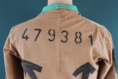 Vintage 1940s British workwear jacket - prison arrows - brown cotton twill - factory coat - shop overalls - 43” chest