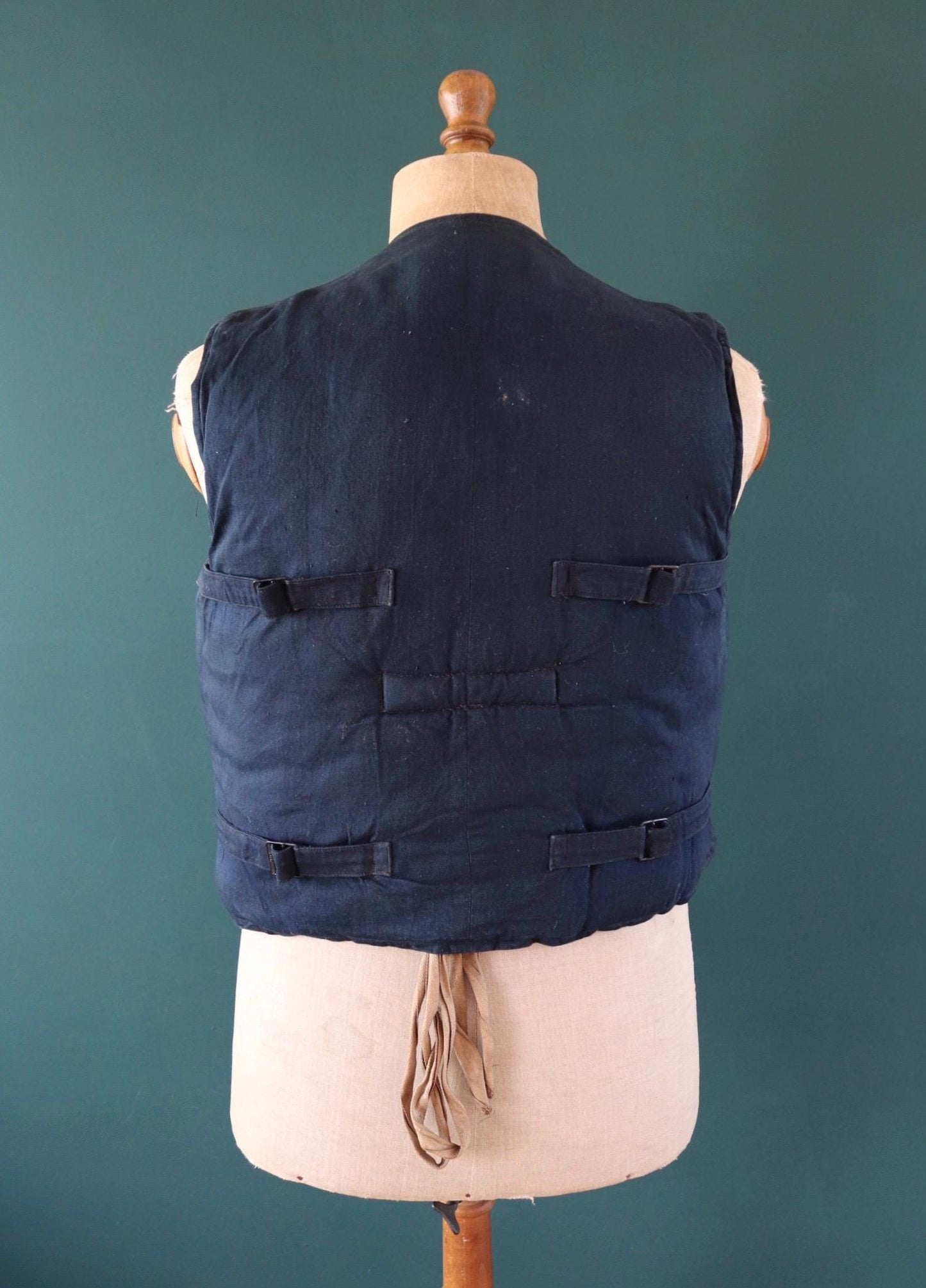 Antique 1900s kapok life jacket - vintage buoyancy aid - Miranda life vest - Peter Robinson Ltd - natural indigo - 40” chest