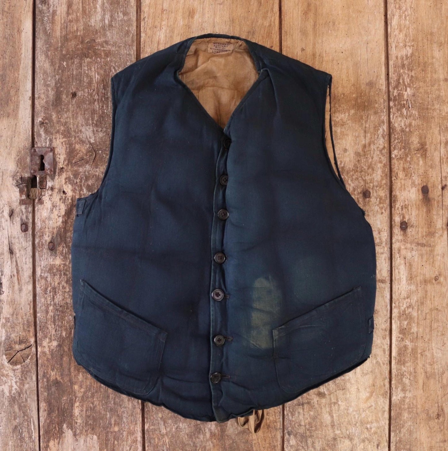 Antique 1900s kapok life jacket - vintage buoyancy aid - Miranda life vest - Peter Robinson Ltd - natural indigo - 40” chest