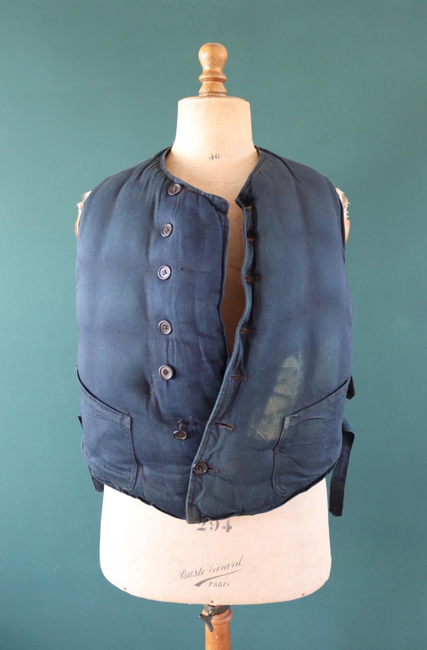 Antique 1900s kapok life jacket - vintage buoyancy aid - Miranda life vest - Peter Robinson Ltd - natural indigo - 40” chest