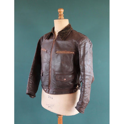 Vintage 1930s French brown leather cyclist jacket - WW2 Resistance - 43” chest