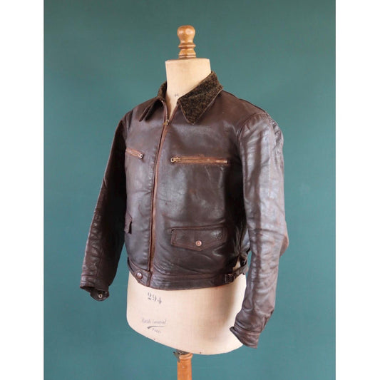 Vintage 1930s French brown leather cyclist jacket - WW2 Resistance - 43” chest