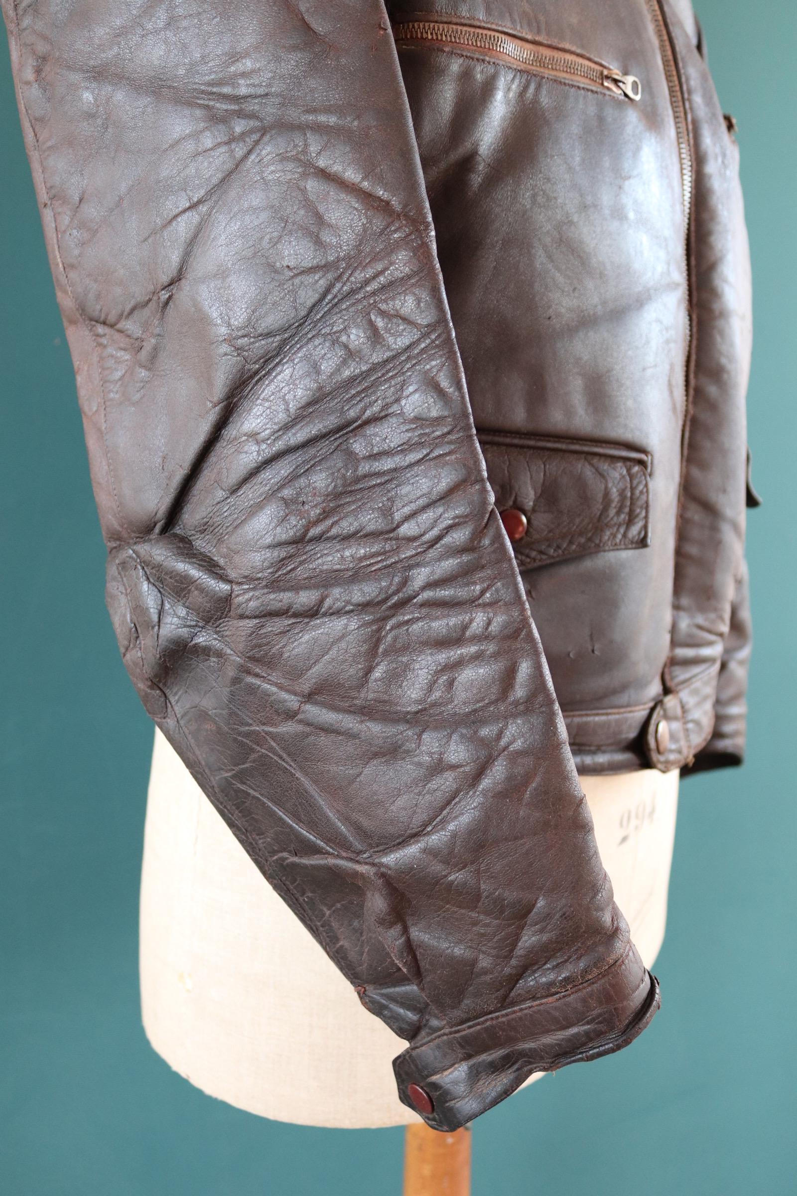 Vintage 1930s French brown leather cyclist jacket - WW2 Resistance - 43” chest