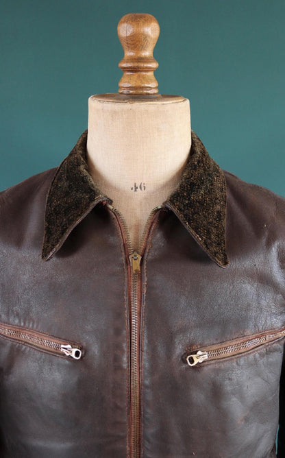 Vintage 1930s French brown leather cyclist jacket - WW2 Resistance - 43” chest