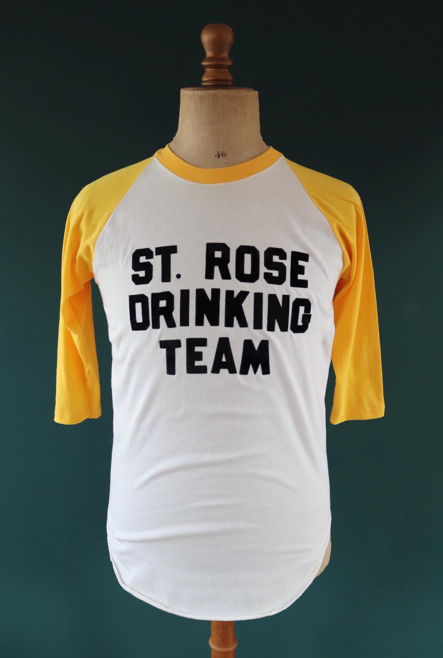 Vintage 1970s drinking team t shirt - single stitch - flock letter print - 38” chest