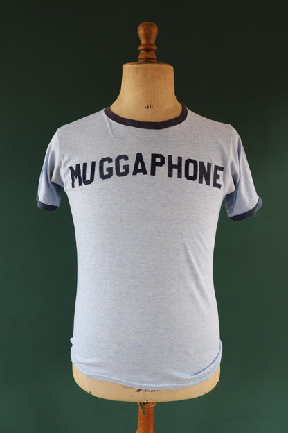 Vintage 1970s ringer t shirt - flock letters print - 38” chest - sportswear - made in USA