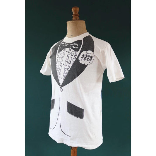 Vintage 1970s tuxedo suit t shirt - Pointer Sisters - rock tee - overalls print - 40” chest