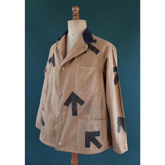 Vintage 1940s British workwear jacket - prison arrows - brown cotton twill - factory coat - shop overalls - 48” chest