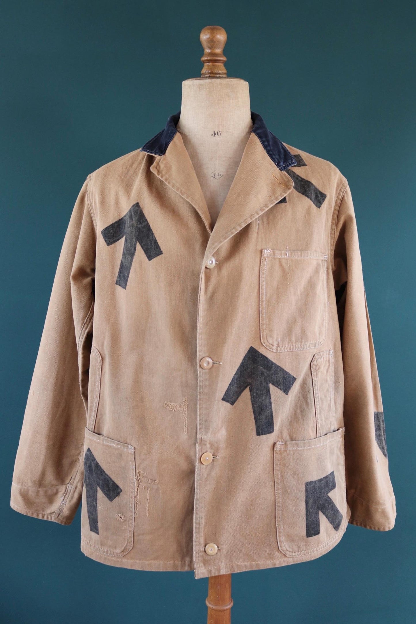 Vintage 1940s British workwear jacket - prison arrows - brown cotton twill - factory coat - shop overalls - 48” chest