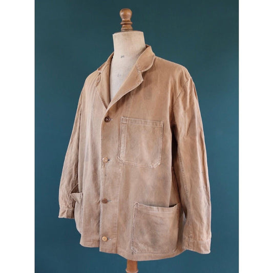 Vintage 1940s British workwear jacket - prison arrows - brown cotton twill - factory coat - shop overalls - 50” chest