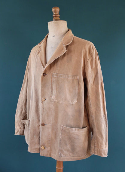 Vintage 1940s British workwear jacket - prison arrows - brown cotton twill - factory coat - shop overalls - 50” chest