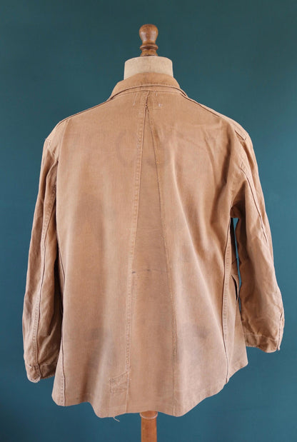 Vintage 1940s British workwear jacket - prison arrows - brown cotton twill - factory coat - shop overalls - 50” chest
