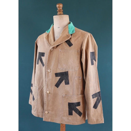 Vintage 1940s British workwear jacket - prison arrows - brown cotton twill - factory coat - shop overalls - 43” chest