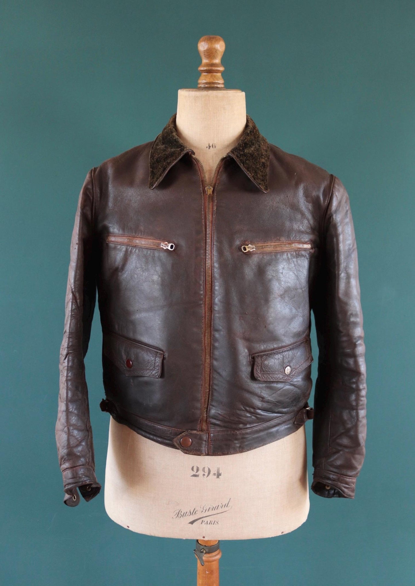 Vintage 1930s French brown leather cyclist jacket - WW2 Resistance - 43” chest