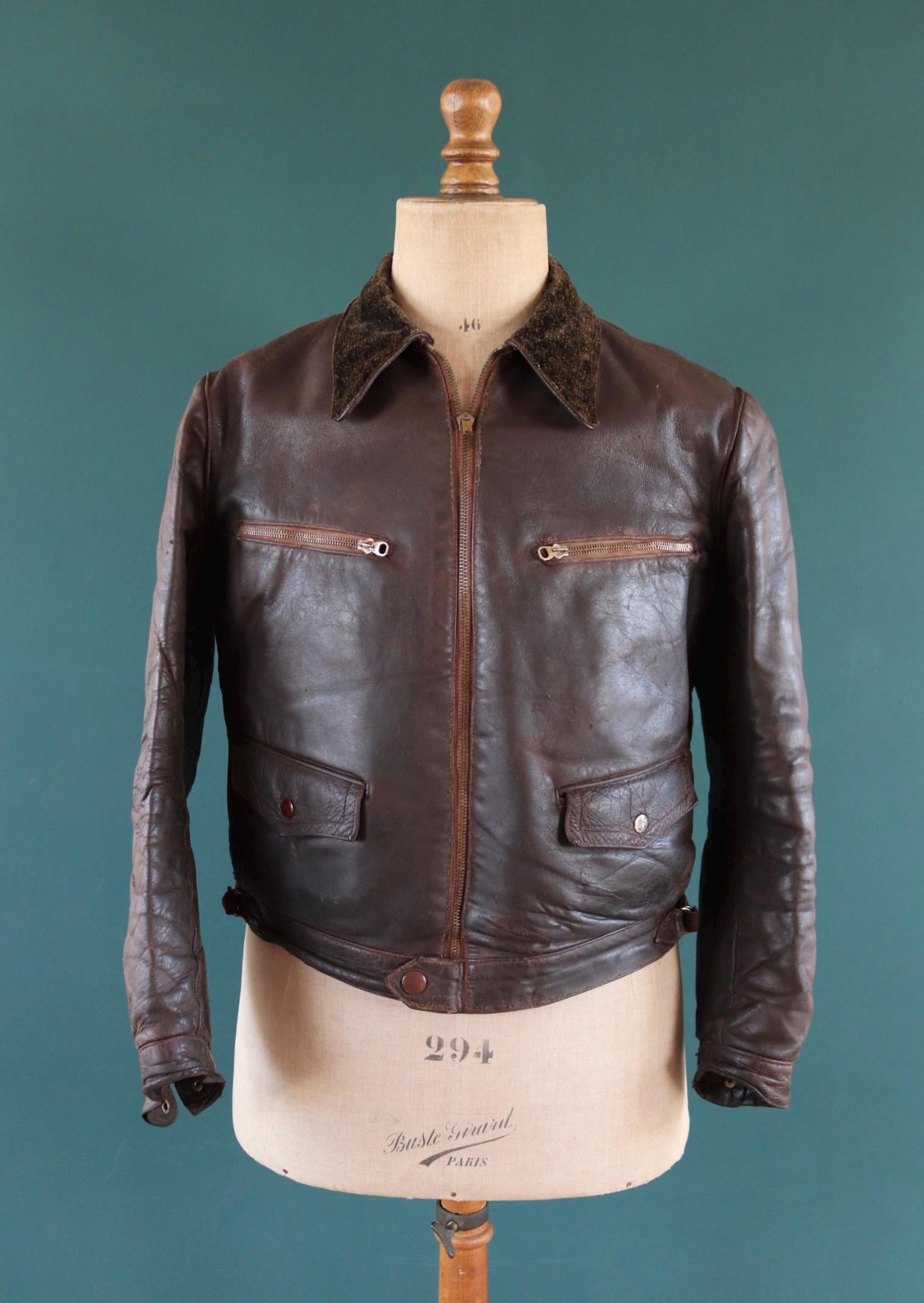 Vintage 1930s French brown leather cyclist jacket - WW2 Resistance - 43” chest