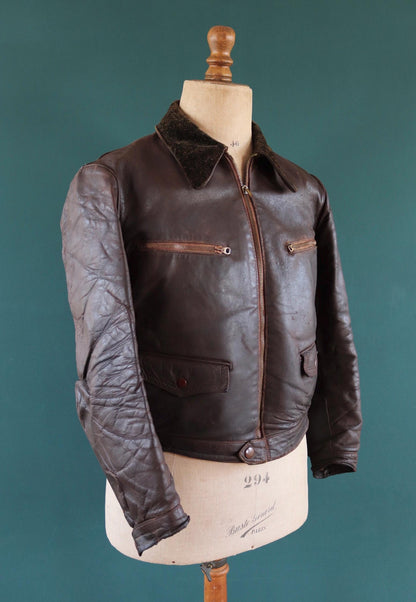 Vintage 1930s French brown leather cyclist jacket - WW2 Resistance - 43” chest