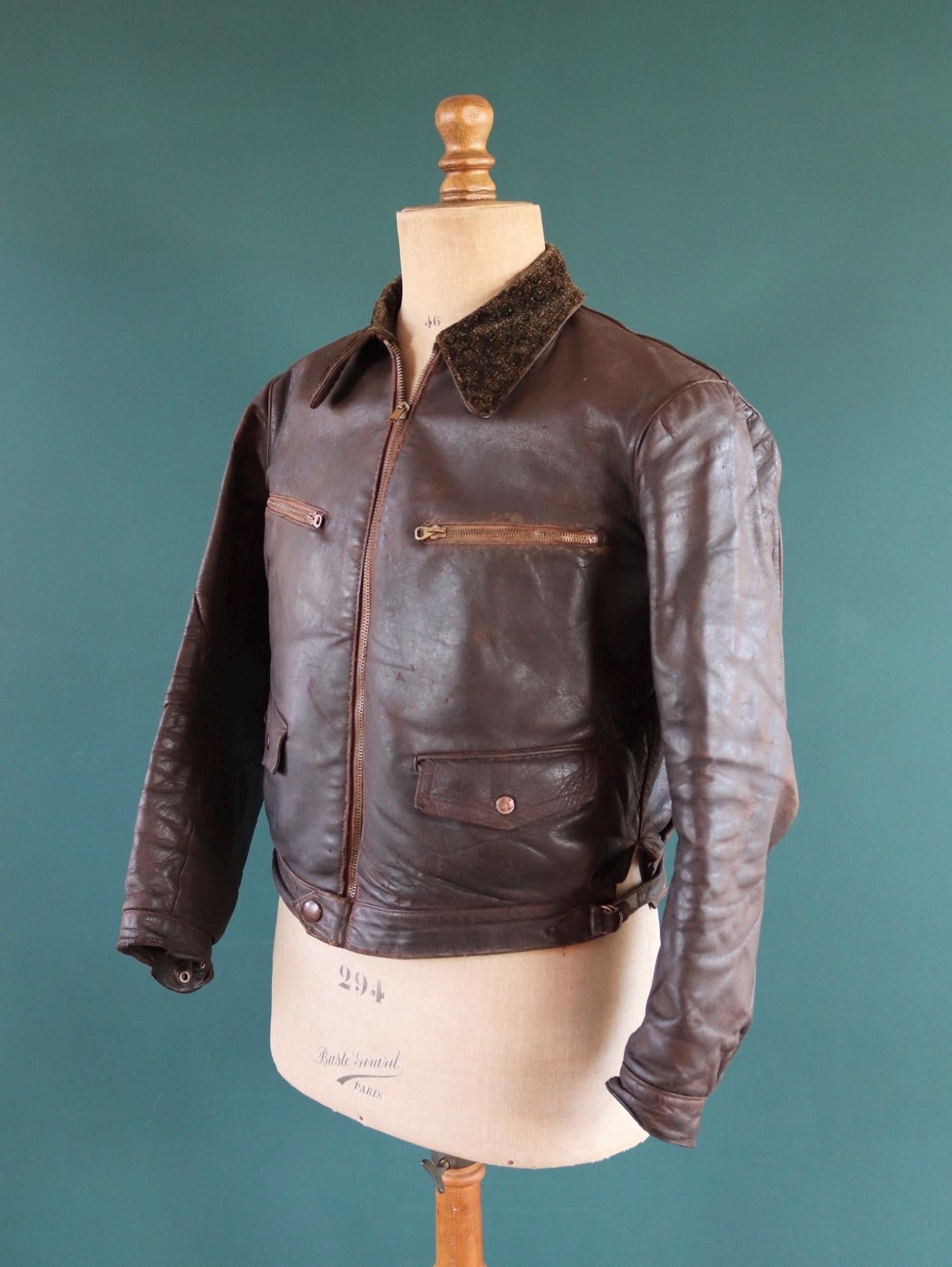 Vintage 1930s French brown leather cyclist jacket - WW2 Resistance - 43” chest