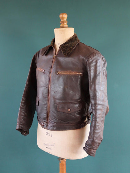 Vintage 1930s French brown leather cyclist jacket - WW2 Resistance - 43” chest