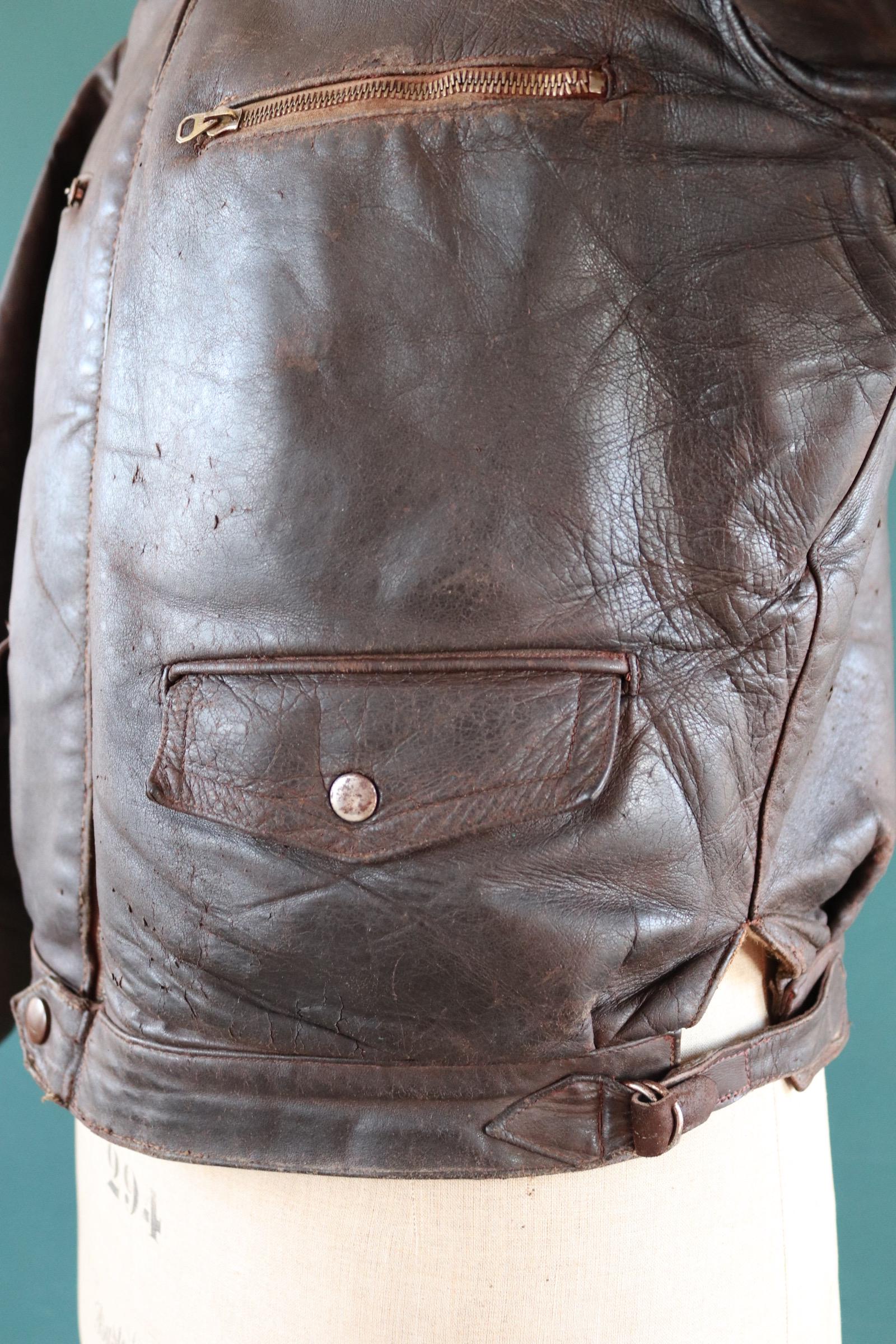 Vintage 1930s French brown leather cyclist jacket - WW2 Resistance - 43” chest