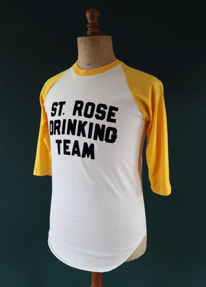 Vintage 1970s drinking team t shirt - single stitch - flock letter print - 38” chest