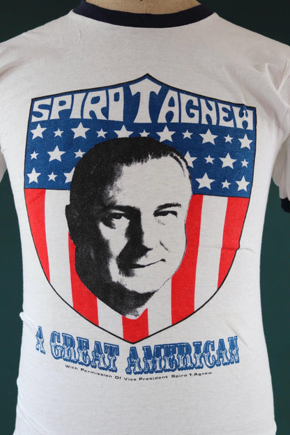 Vintage 1970s ringer t shirt - Spiro T Agnew print - 37” chest - political tee
