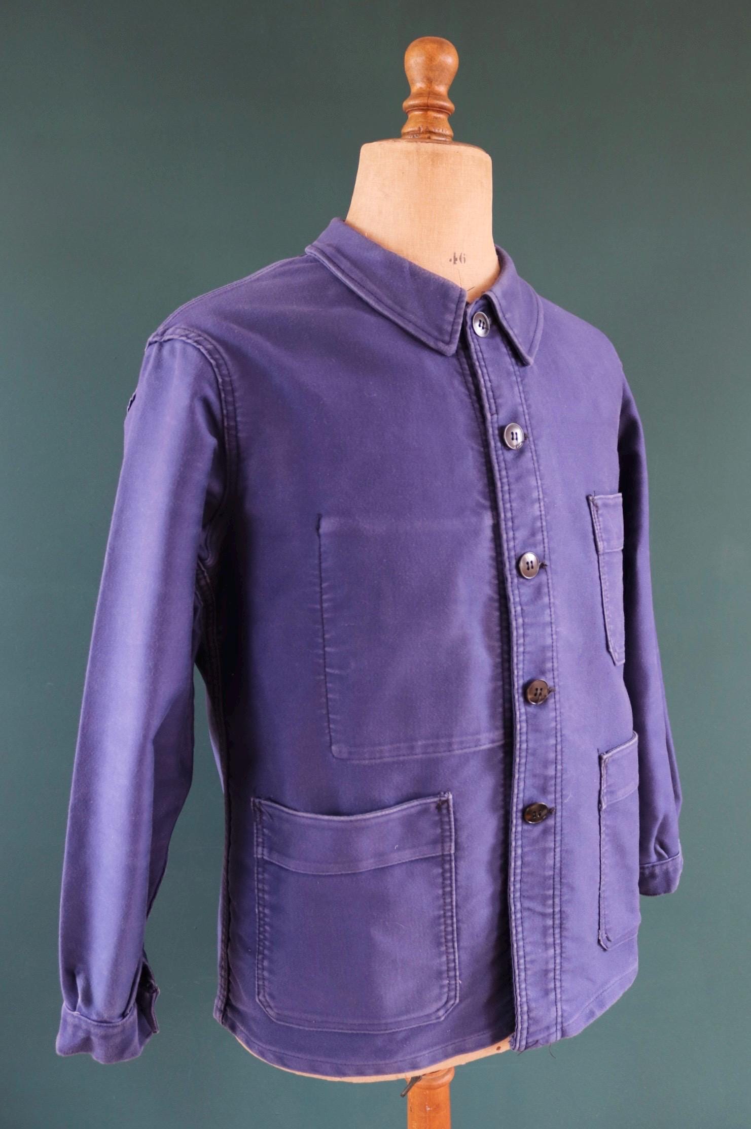 Vintage 1970s French blue moleskin workwear jacket - chore coat - Adolphe Lamont - 44" chest