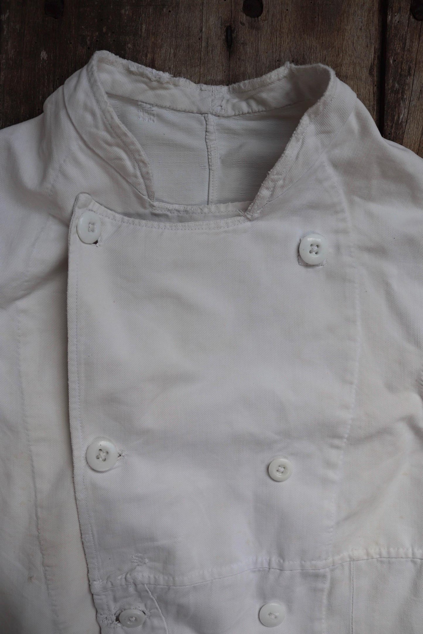 Vintage 1930s French chefs jacket - white cotton - double breasted workwear - darned and repaired - 36” chest