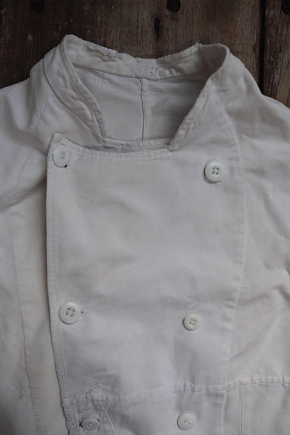 Vintage 1930s French chefs jacket - white cotton - double breasted workwear - darned and repaired - 36” chest