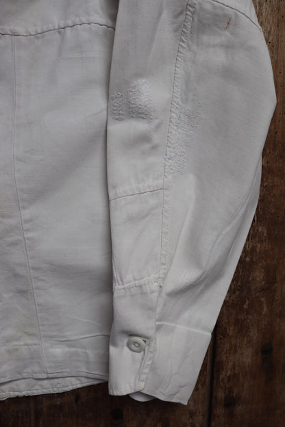 Vintage 1930s French chefs jacket - white cotton - double breasted workwear - darned and repaired - 36” chest