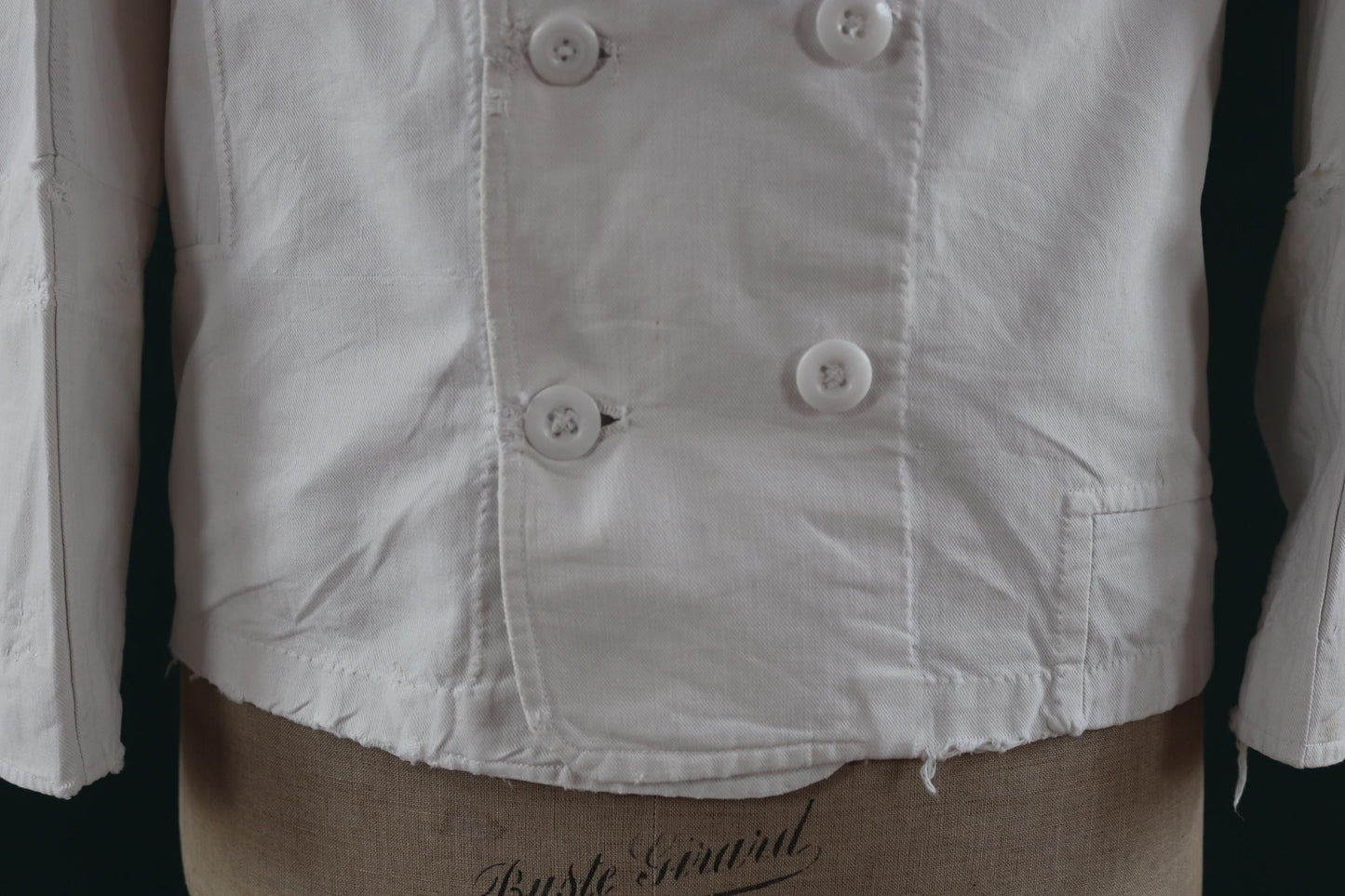 Vintage 1930s French chefs jacket - white cotton - double breasted workwear - darned and repaired - 37” chest