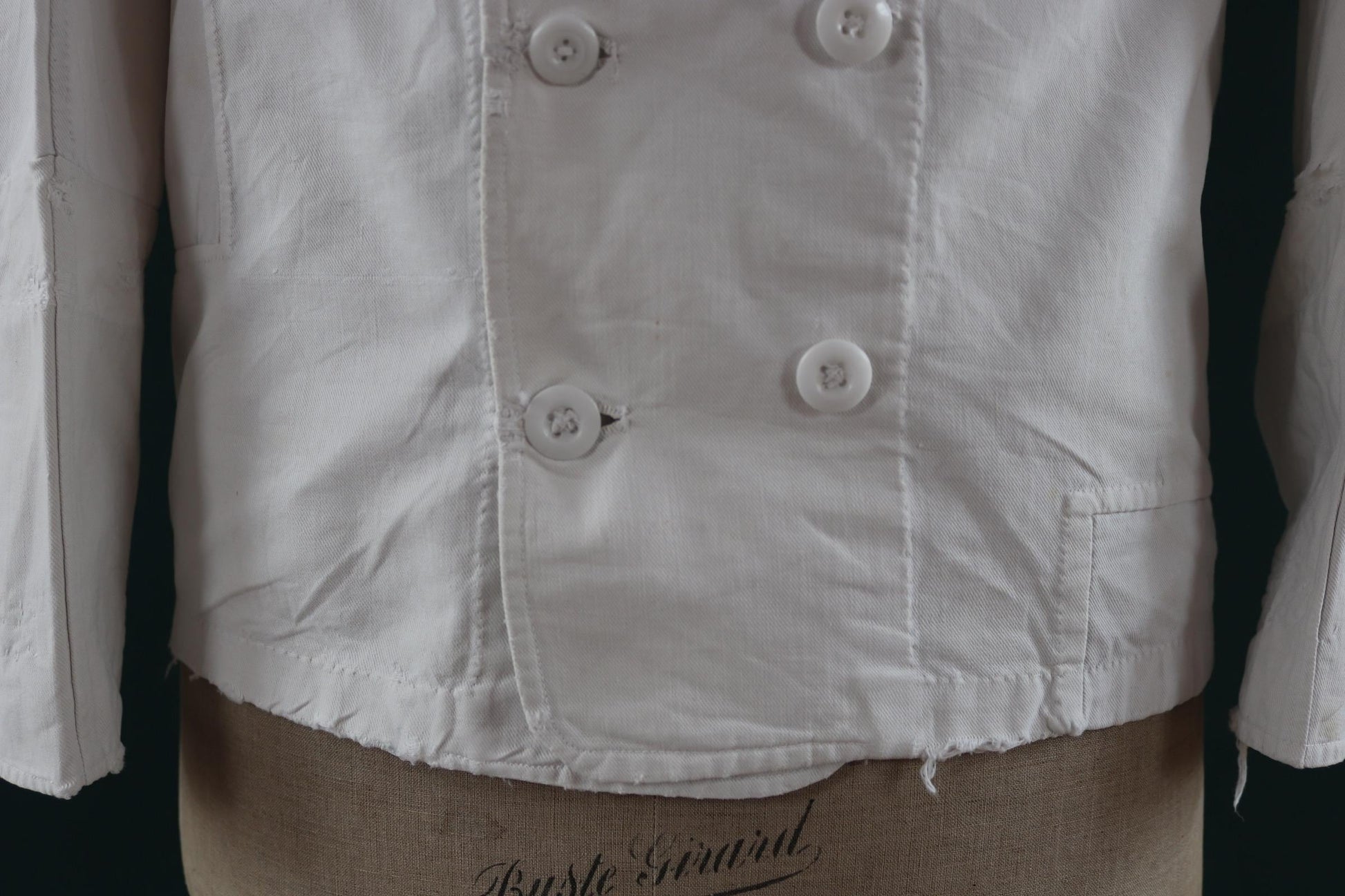 Vintage 1930s French chefs jacket - white cotton - double breasted workwear - darned and repaired - 37” chest