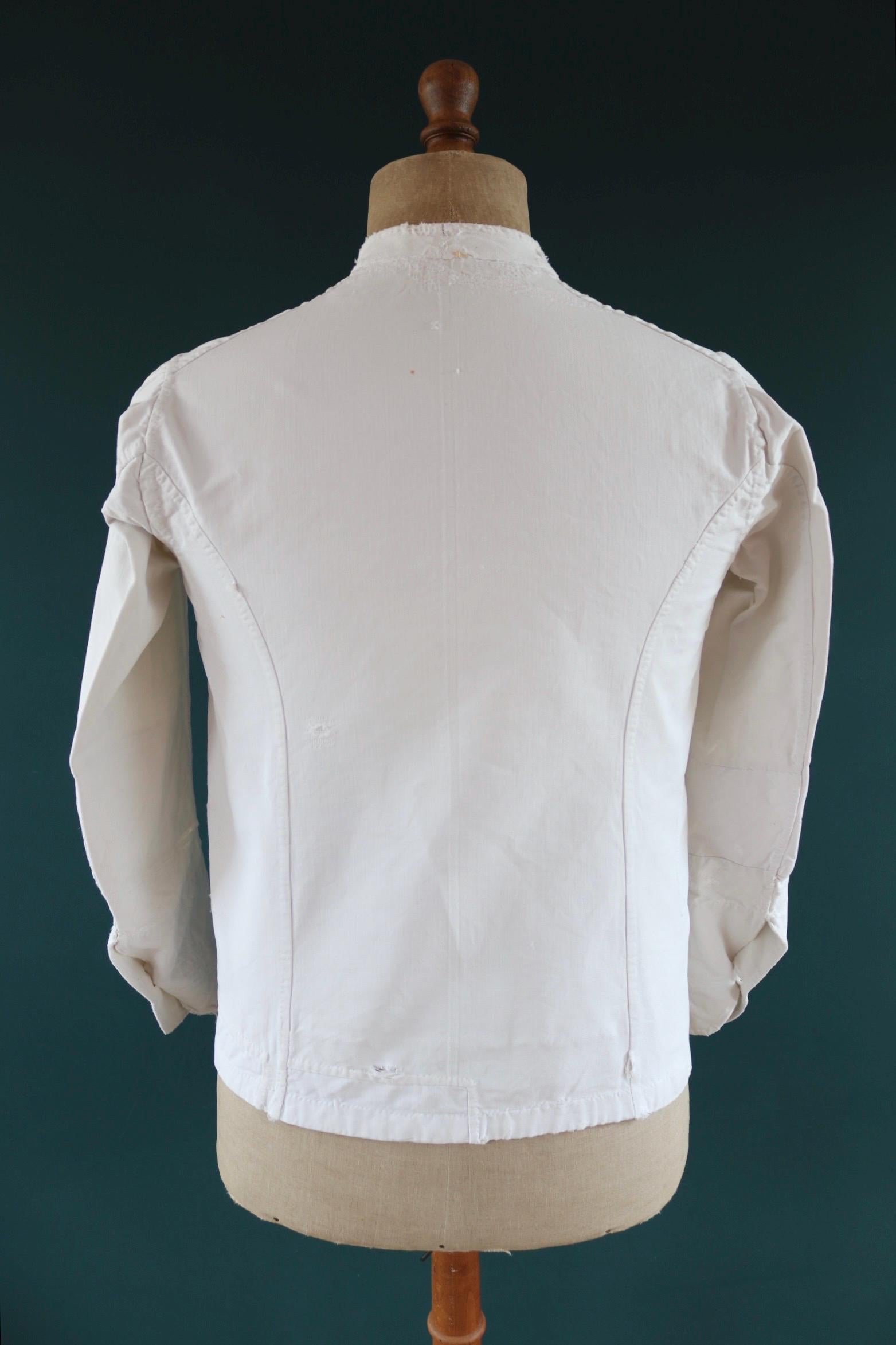 Vintage 1930s French chefs jacket - white cotton - double breasted workwear - darned and repaired - 37” chest