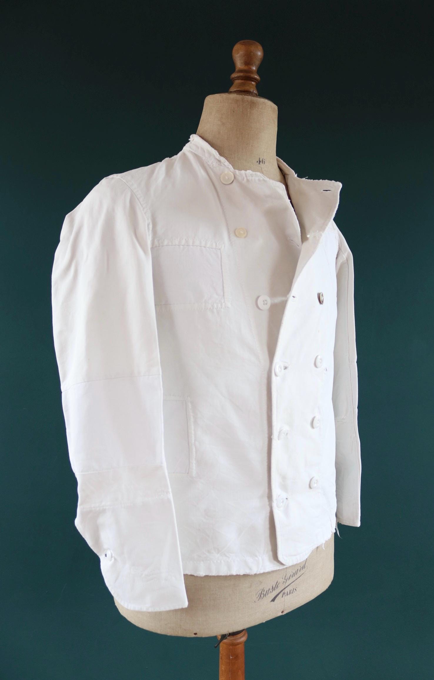 Vintage 1930s French chefs jacket - white cotton - double breasted workwear - darned and repaired - 37” chest