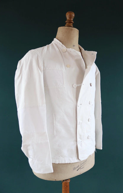 Vintage 1930s French chefs jacket - white cotton - double breasted workwear - darned and repaired - 37” chest