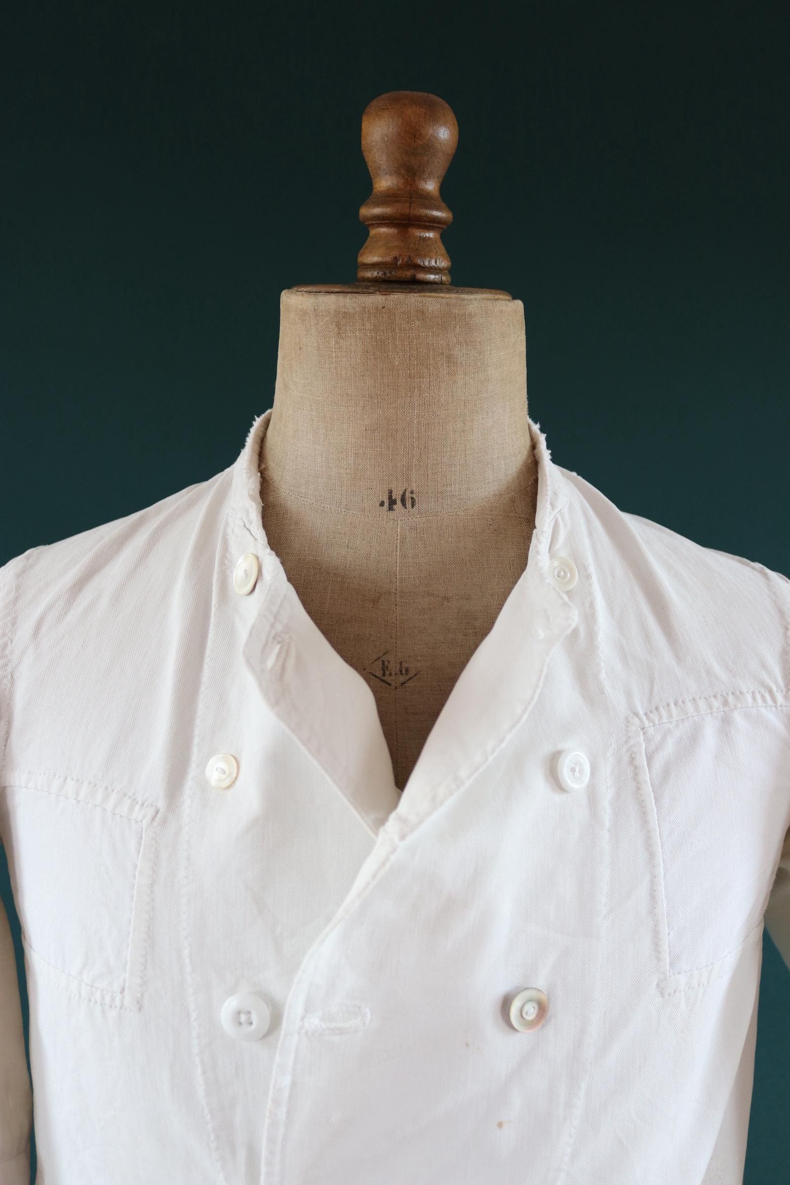 Vintage 1930s French chefs jacket - white cotton - double breasted workwear - darned and repaired - 37” chest