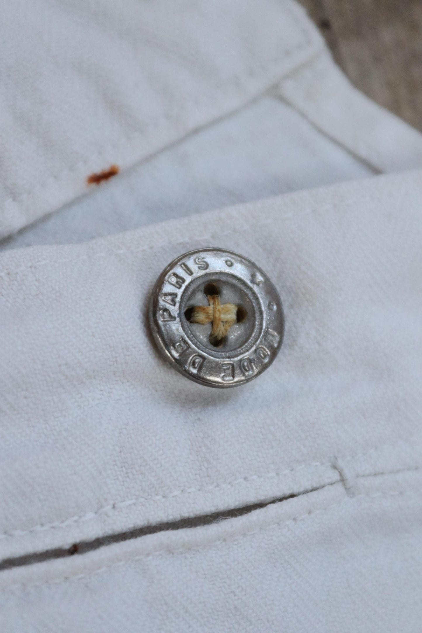 Antique 1910s French white military trousers - buckle back - herringbone cotton - 31” x 26”
