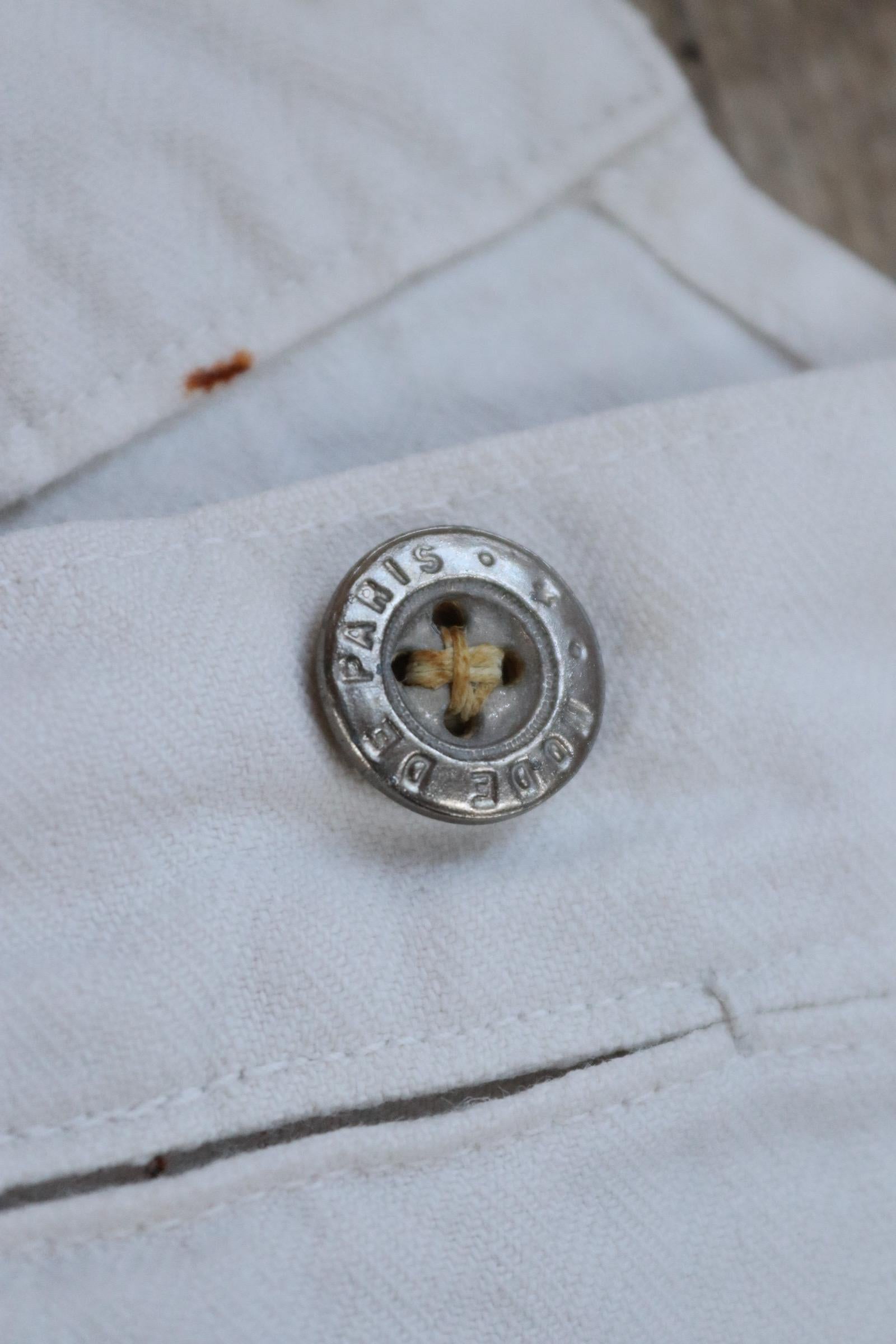 Antique 1910s French white military trousers - buckle back - herringbone cotton - 31” x 26”