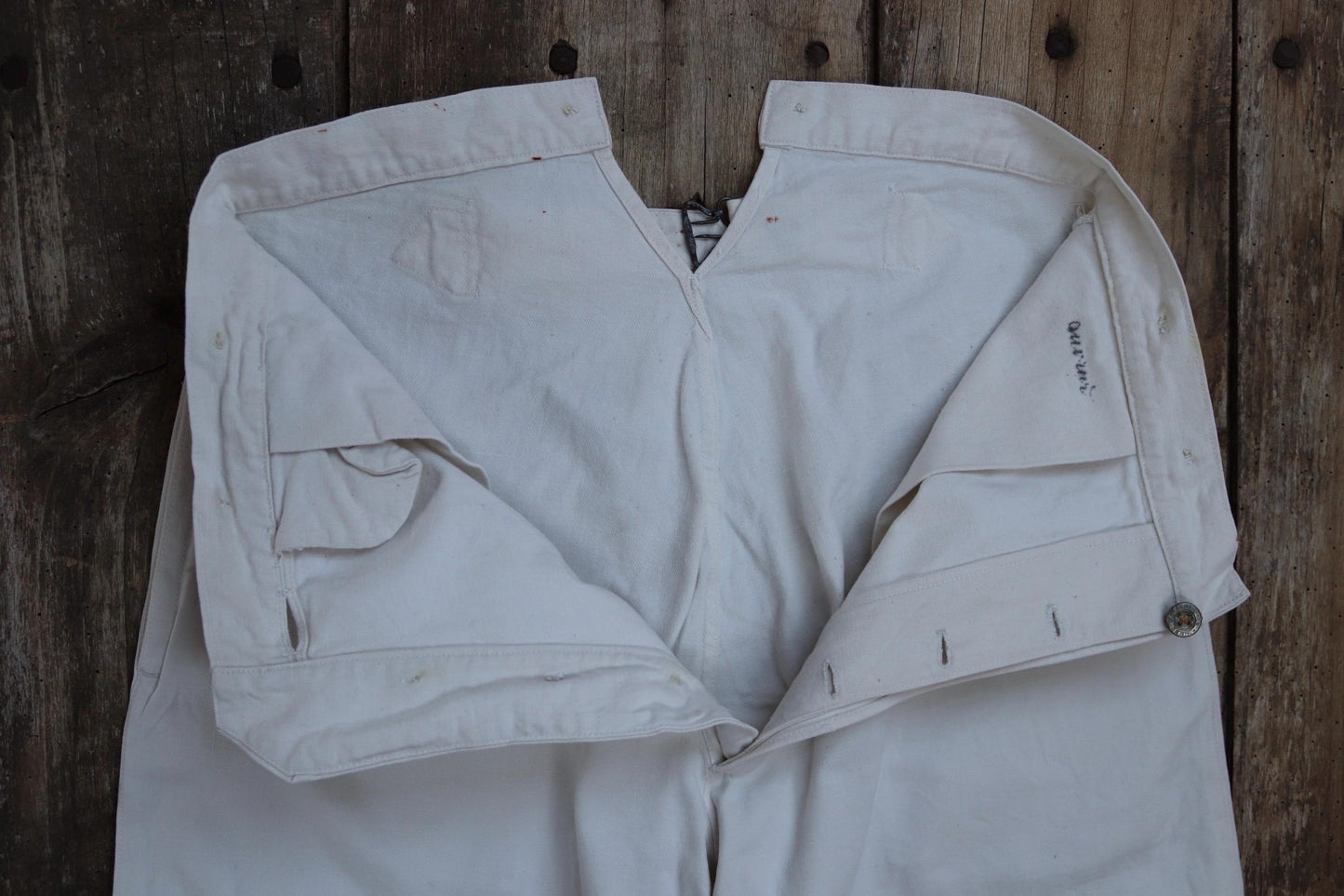 Antique 1910s French white military trousers - buckle back - herringbone cotton - 31” x 26”