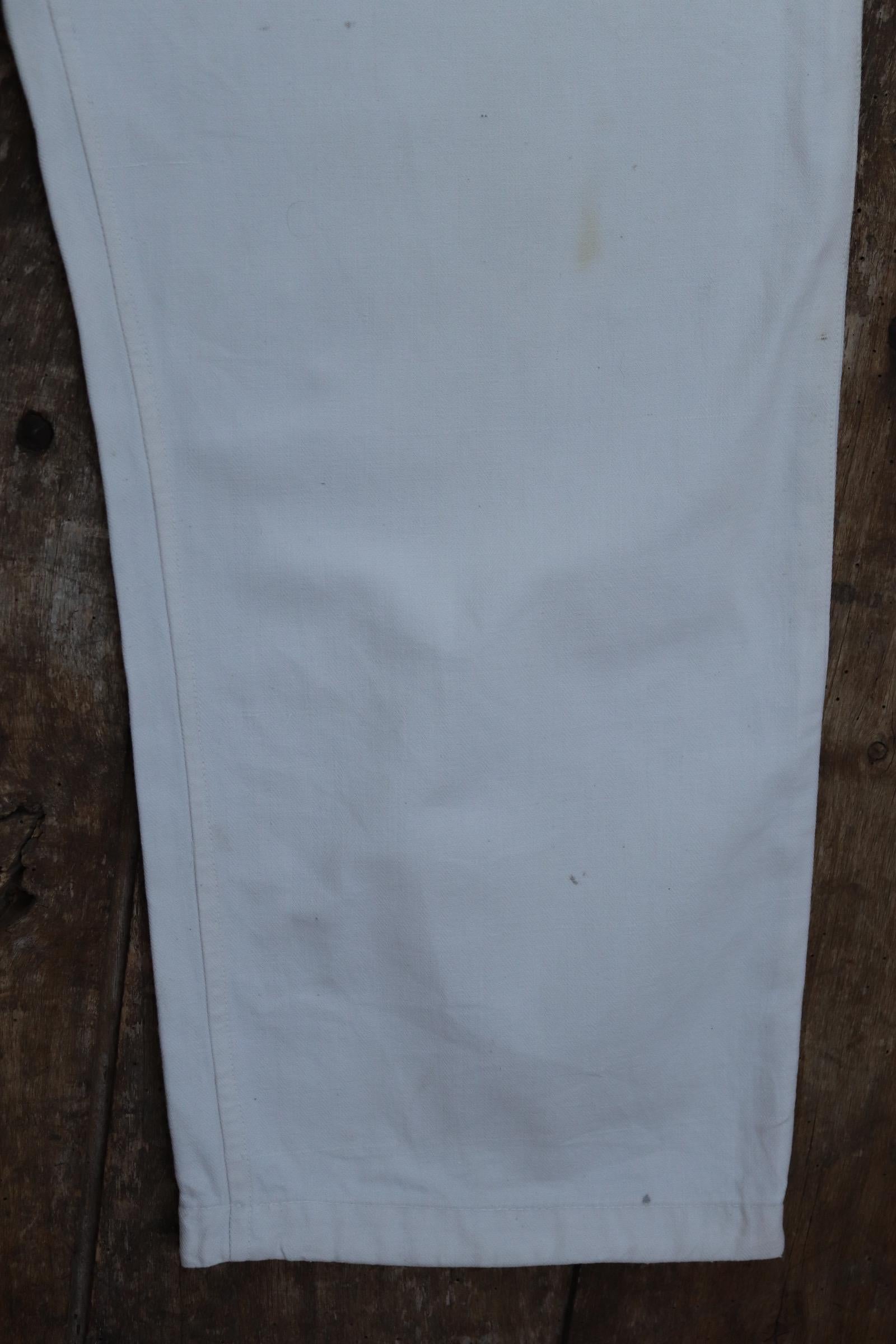 Antique 1910s French white military trousers - buckle back - herringbone cotton - 31” x 26”