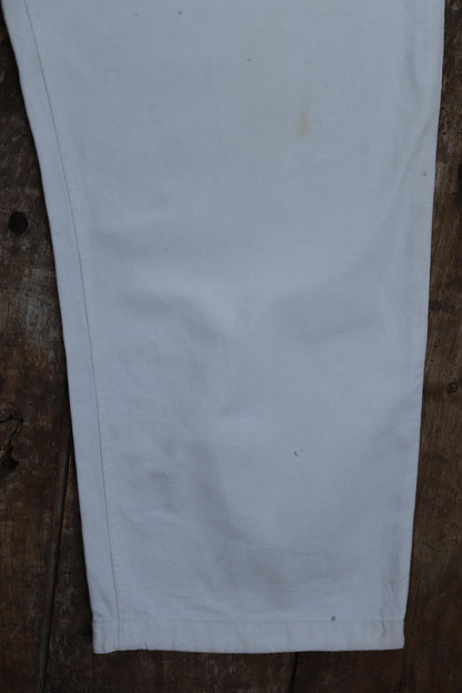 Antique 1910s French white military trousers - buckle back - herringbone cotton - 31” x 26”