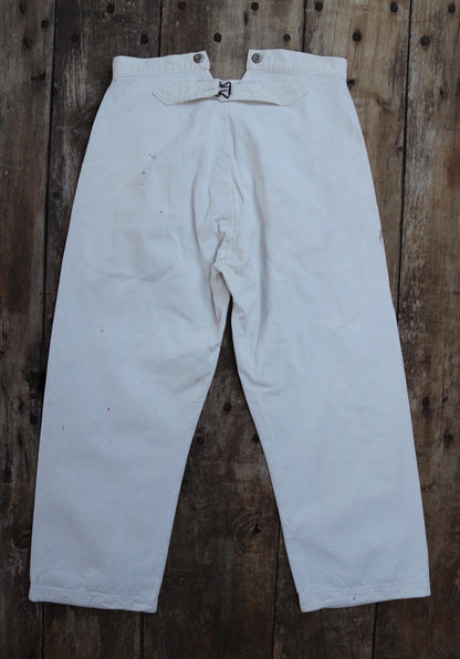 Antique 1910s French white military trousers - buckle back - herringbone cotton - 31” x 26”