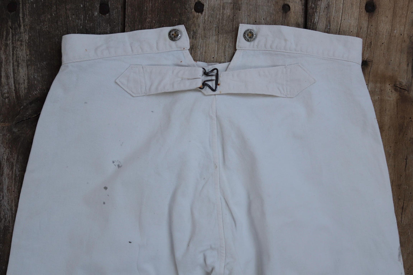 Antique 1910s French white military trousers - buckle back - herringbone cotton - 31” x 26”