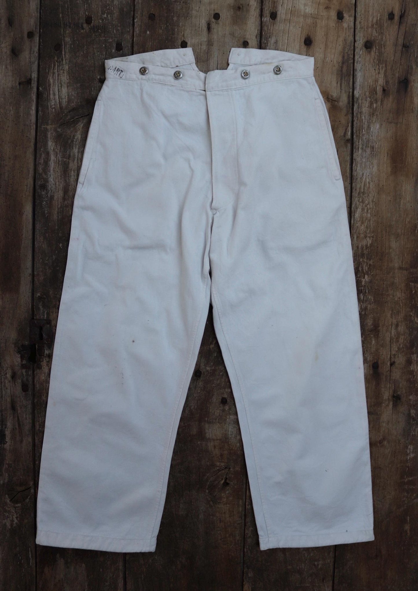 Antique 1910s French white military trousers - buckle back - herringbone cotton - 31” x 26”